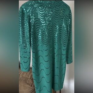 St. John Evening Marie Gray Turquoise Knit Pailettes Long Sleeve Dress Size 10